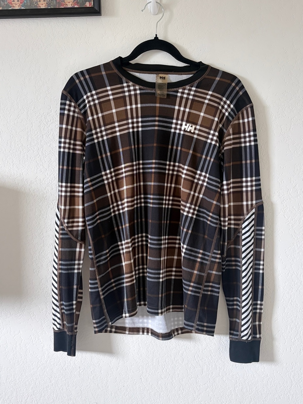 HELLY HANSEN LIFA ACTIVE BROWN PLAID BASE LAYER LONG SLEEVE THERMAL MENS M SKI
